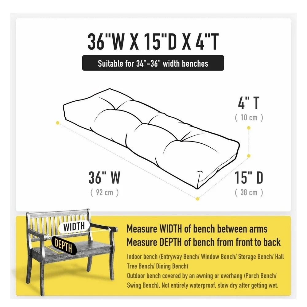 Non Slip Tufted Memory Foam Bench Cushion Fade Shield Water Resistant 36x14x4in